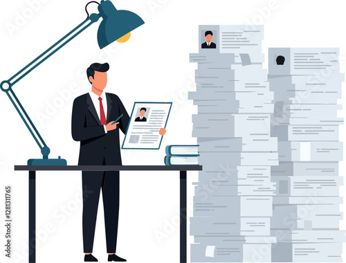 A business professional reviewing a resume under a desk lamp amid tall stacks of documents in flat vector art