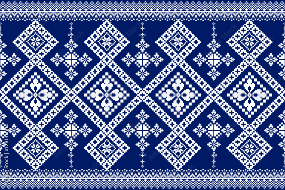 Fototapeta premium Geometric Pattern Traditional Tribal Style, Pixel ethnic Pattern. Cross stitch embroidery pattern. Vector design For Clothes ,Dress, Carpet, Curtain, Sarong, Sari, Scarves, Batik