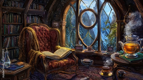 Cozy Reading Nook with Mountain View and Tea