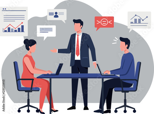 Business meeting scene featuring three professionals in a modern office setting, flat design vector illustration