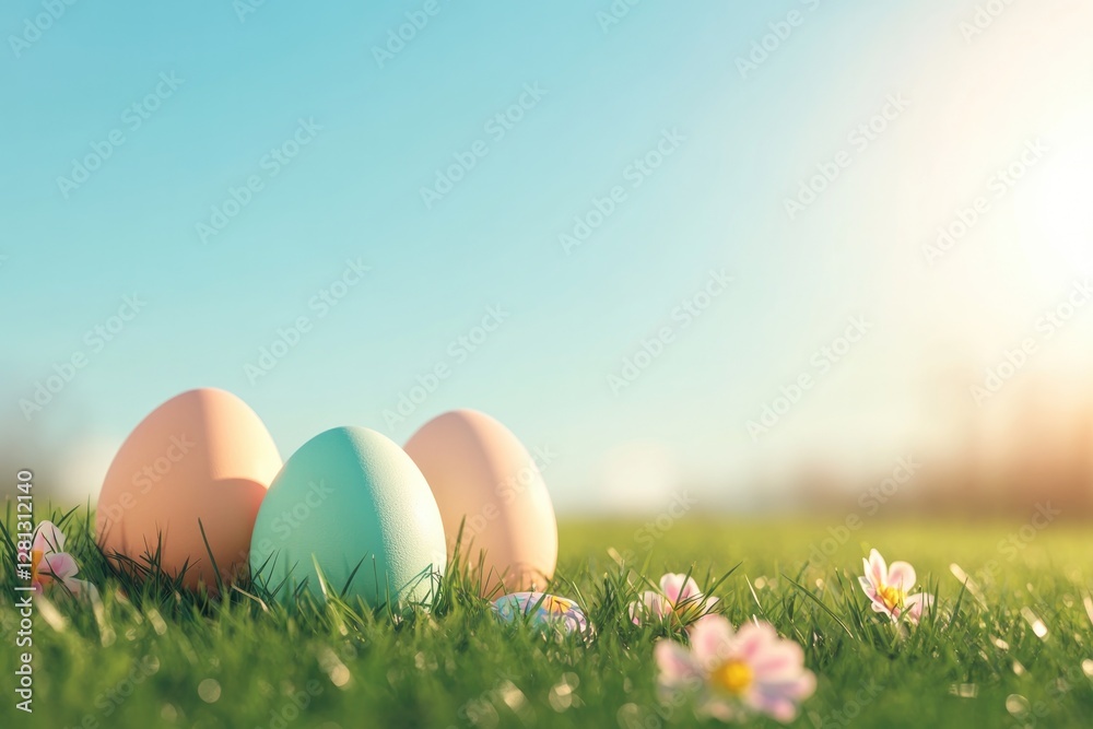 colorful easter eggs resting on vibrant green grass with sunshine pastel flowers scattered around and clear blue sky colorful easter eggs resting on vibrant green grass with sunshine pastel flowers scattered around and clear blue sky