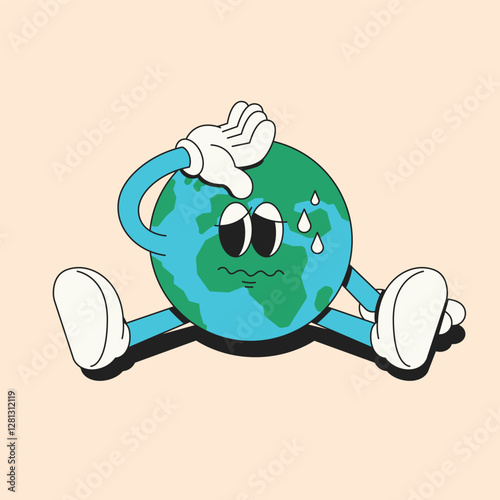 Overheated Earth. Sick Earth. Sweating. global warming. Retro 70s style character.