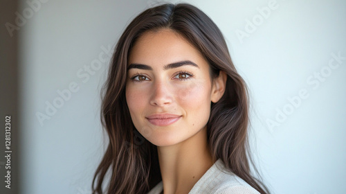 A close-up portrait of a young woman with long brown hair, smiling gently