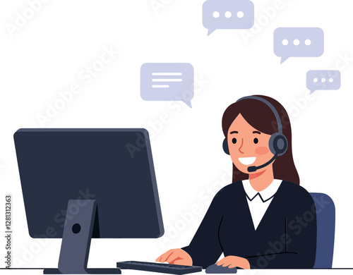 A cheerful woman with a headset working at a computer in a minimal flat design vector illustration, engaging in online communication with chat bubbles surrounding her