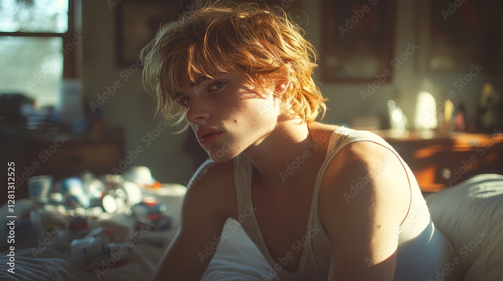 A young person sits quietly in a sunlit room, reflecting on their thoughts A young person sits quietly in a sunlit room, reflecting on their thoughts