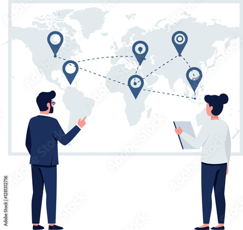 Two professionals analyzing a world map with location markers in a flat vector illustration depicting collaboration and strategy in a modern workspace