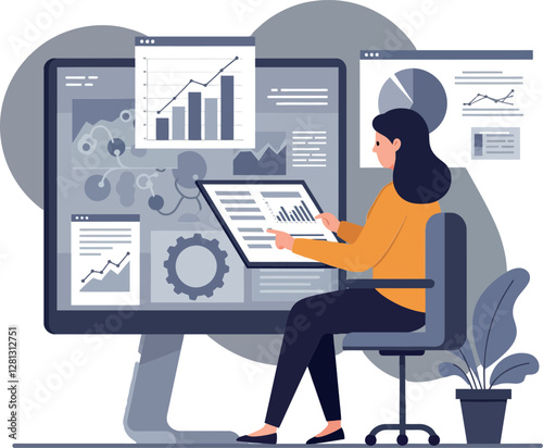 A woman analyzing data on a large computer screen in a minimalistic workspace with abstract graphs and charts, modern vector illustration