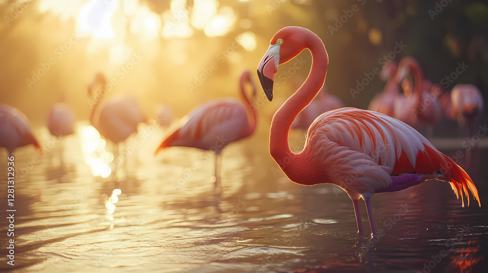 Fototapeta premium A flamingo stands gracefully in shallow water at sunset, surrounded by its flock