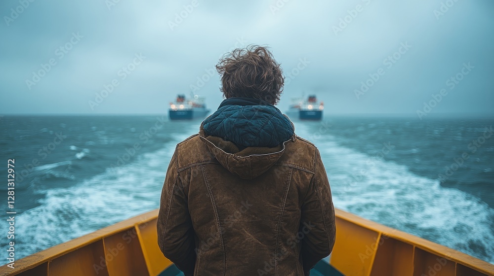 Fototapeta premium A traveler gazes at two ships disappearing into the gray horizon