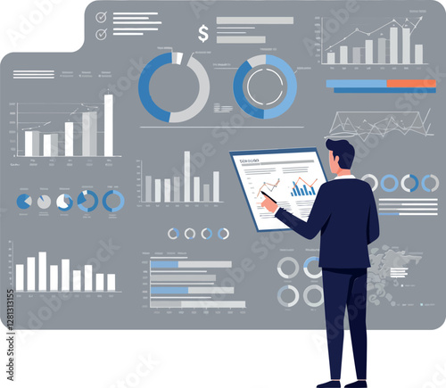 Business professional analyzing data on a tablet in front of detailed charts and graphs in flat vector art