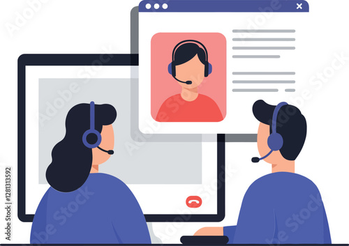 Two people engaged in a video call while wearing headsets, showcasing a modern and minimalistic flat design vector illustration