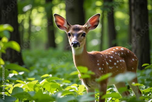 Adorable White Spotted Fawn in Lush Green Forest Setting