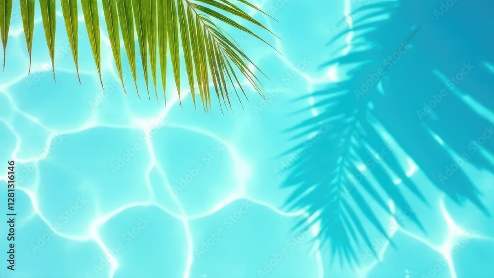 A palm leaf casts its shadow on the clear turquoise water of a swimming pool. Concept of: Summer coolness. A palm leaf casts its shadow on the clear turquoise water of a swimming pool. Concept of: Summer coolness.