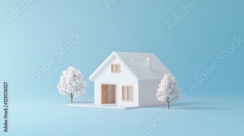 White Model House With Trees Against a Light Blue Background Showcasing a Minimalist Design Ideal for Home Decor Concepts in Interior Design