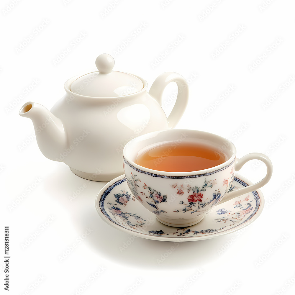 Elegant tea set with floral designs on a clean white background. Generative AI Elegant tea set with floral designs on a clean white background. Generative AI