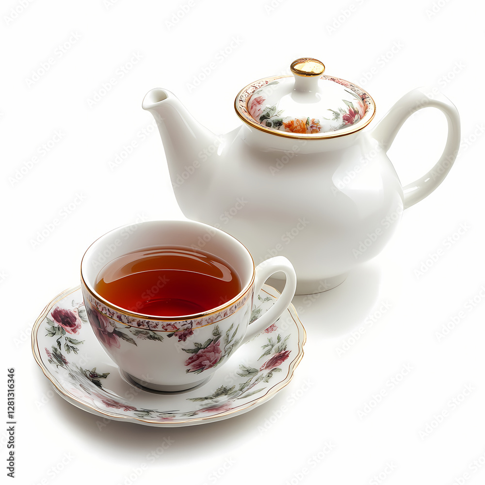 Elegant tea set with floral design and freshly brewed tea. Generative AI Elegant tea set with floral design and freshly brewed tea. Generative AI