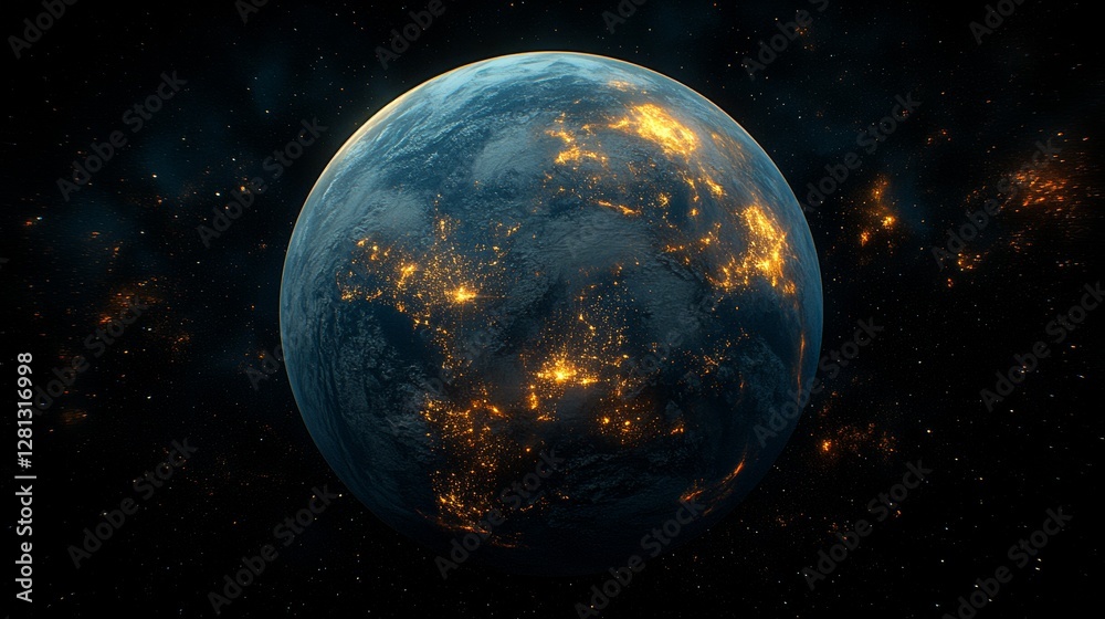 Obraz premium Earth at night, city lights glowing, stars in space.