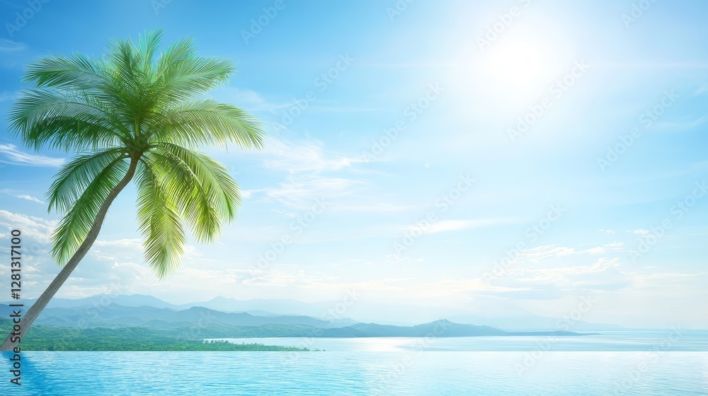 Serene oasis, a palm tree stands majestically in the center of tranquil pool tropical Serene oasis, a palm tree stands majestically in the center of tranquil pool tropical