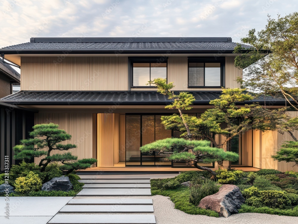 Obraz premium A modern Japanese home with a landscaped garden
