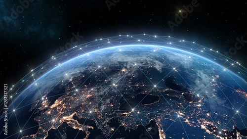 Earth Defense System Grid over Planet. Worldwide Internet Network, Digital Global Control Illustration. Night Cities Lights, World Wide Web, Space Orbit Satellite View. Business Technology Concept 4k.