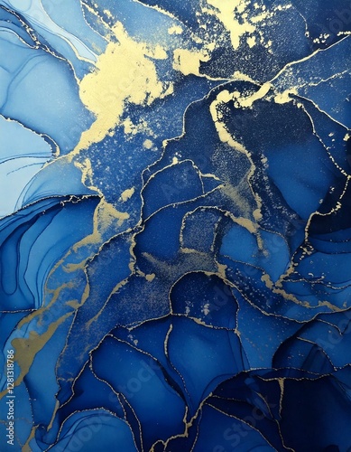 Elegant fluid ink art with deep blue and shimmering gold marbling effects.
 photo