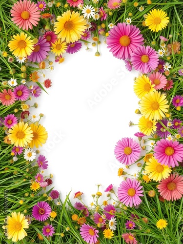 Wallpaper Mural A vibrant and fresh summer floral background with wildflowers and green grass framing the edges. The center is left bright and clean for text, giving a natural and organic look Torontodigital.ca