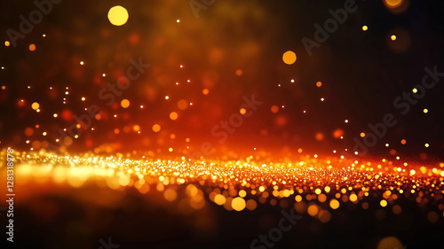 mesmerizing background of glowing golden particles creates warm, enchanting atmosphere. soft bokeh effect adds depth and elegance, perfect for various design projects