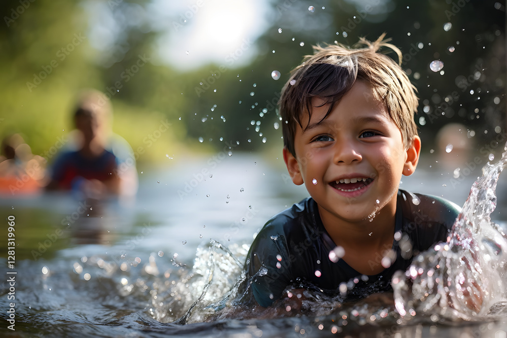 Obraz premium A young boy is splashing in the water, smiling and enjoying himself