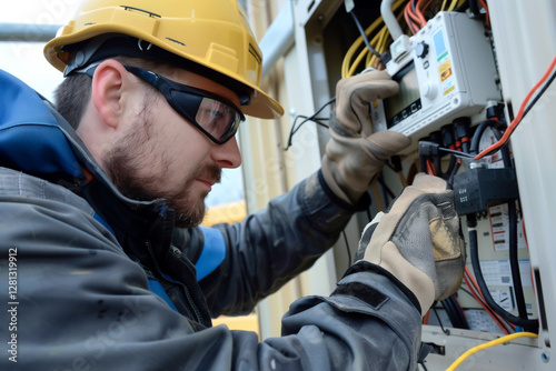 electrician builder installing energy saving meter into electric line distribution fuseboard.
