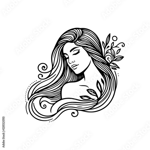 Natural beauty woman long hair vintage logo for salon or cosmetic product with line art style. Line art floral women logo design. creative vintage editable vector illustration.	 beautiful girl icon