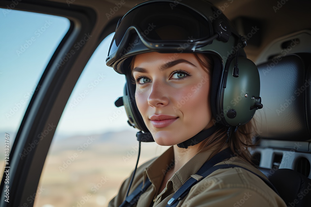 Confident Female Helicopter Pilot in Cockpit Aerial View Aviation Confident Female Helicopter Pilot in Cockpit Aerial View Aviation