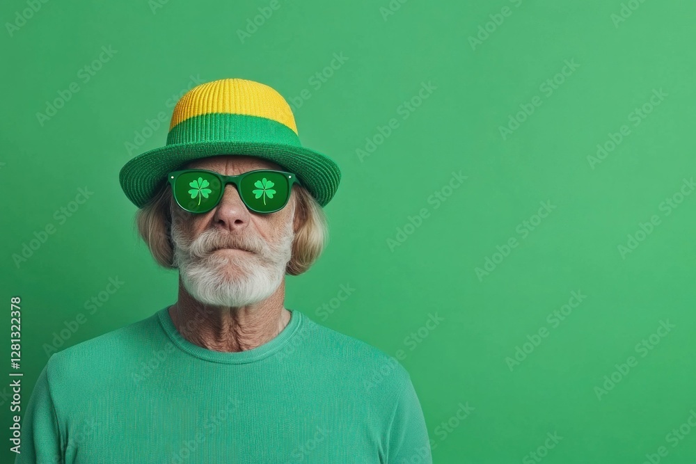 Cheerful elderly man wearing vibrant green attire, sunglasses, and a festive hat against a bright green background, ideal for celebrating St Patrick s Day Cheerful elderly man wearing vibrant green attire, sunglasses, and a festive hat against a bright green background, ideal for celebrating St Patrick s Day