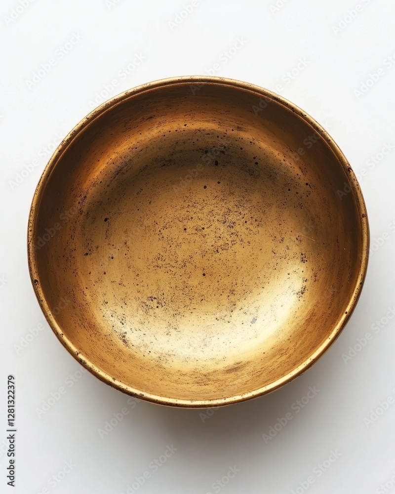 Golden bowl on white background casting soft shadow with a simple elegant design and metallic texture Golden bowl on white background casting soft shadow with a simple elegant design and metallic texture