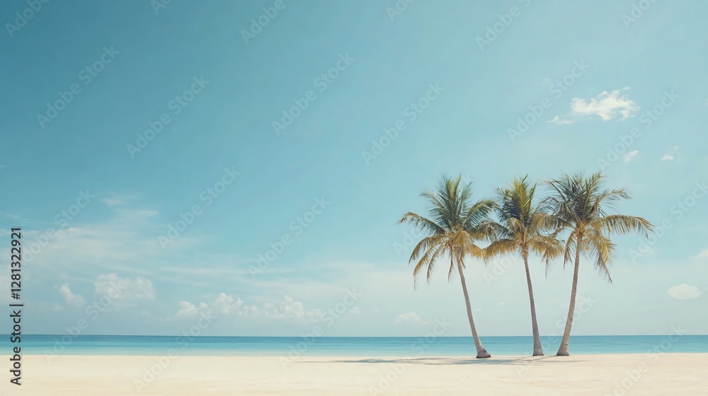 Three tall palm trees on empty white sand beach with turquoise ocean water and blue sky. Tropical paradise landscape. Summer vacation destination. Minimalist beach scene with copy space Three tall palm trees on empty white sand beach with turquoise ocean water and blue sky. Tropical paradise landscape. Summer vacation destination. Minimalist beach scene with copy space