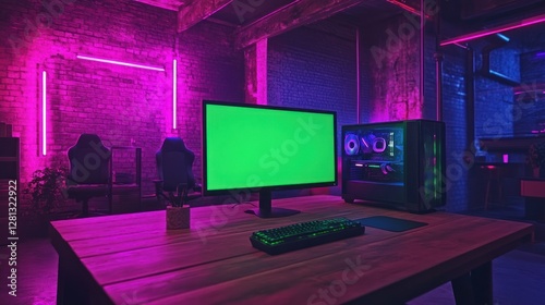 Neon Lit Gaming Setup With Green Screen Monitor photo