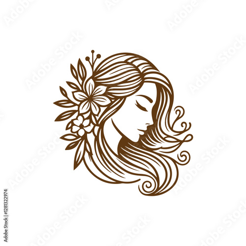 Natural beauty woman long hair vintage logo for salon or cosmetic product with line art style. Line art floral women logo design. creative vintage editable vector illustration.	 beautiful girl icon