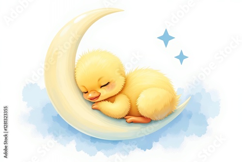 Adorable Baby Chick Sleeping on Crescent Moon Nursery Art Sweet Dreams Illustration