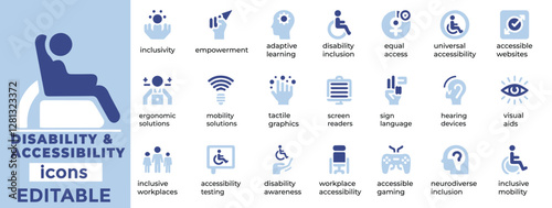 Disability and Accessibility vector icons for inclusive design, mobility aid, and universal access. Fully editable and scalable