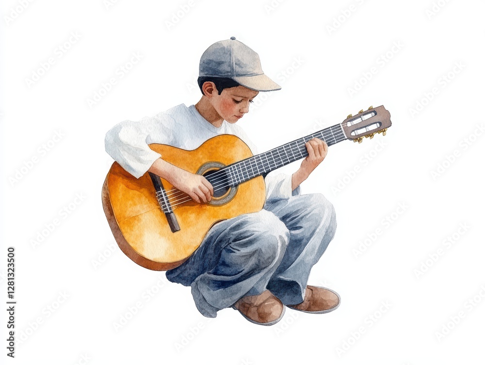 Soulful guitarist, man playing acoustic guitar and creating enchanting melodies