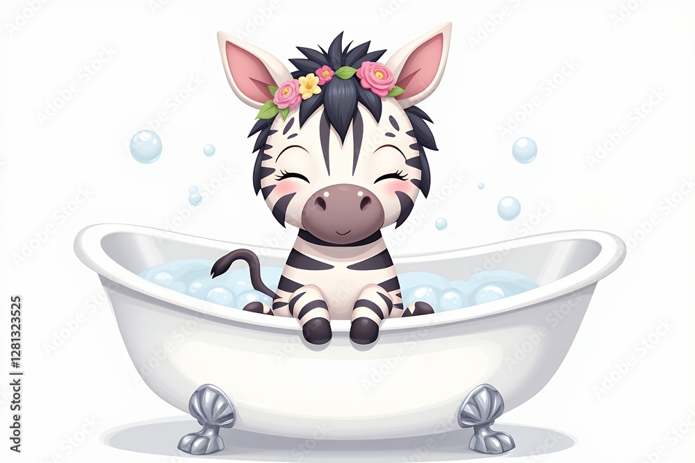 Fototapeta premium Adorable Baby Zebra in a Bubble Bath Wearing a Flower Crown Cartoon Illustration