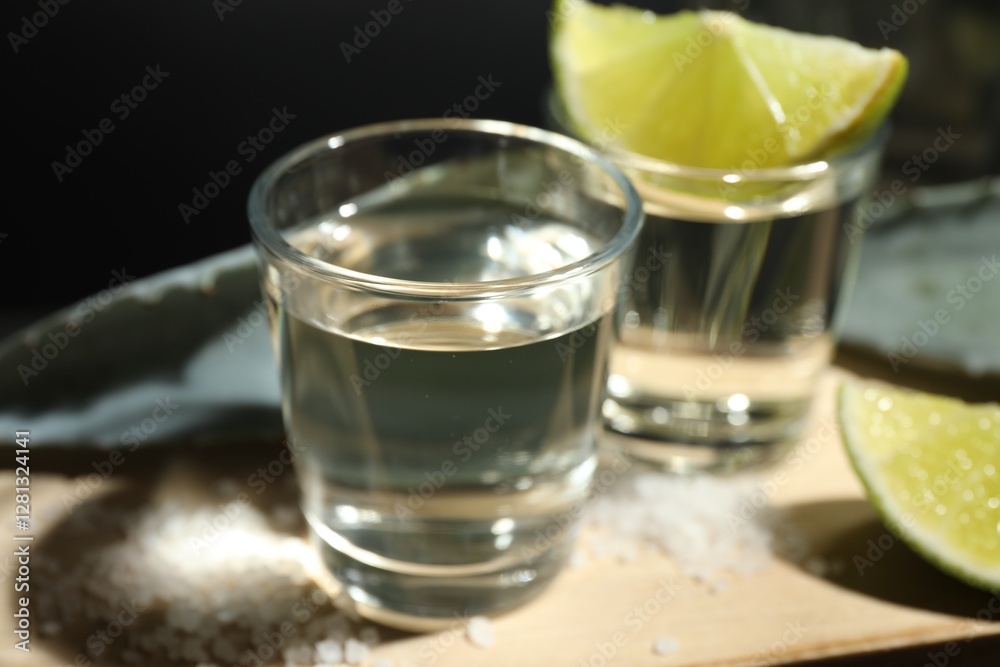 Tequila shots, slices of lime, salt and agave leaves on table against black background, closeup Tequila shots, slices of lime, salt and agave leaves on table against black background, closeup