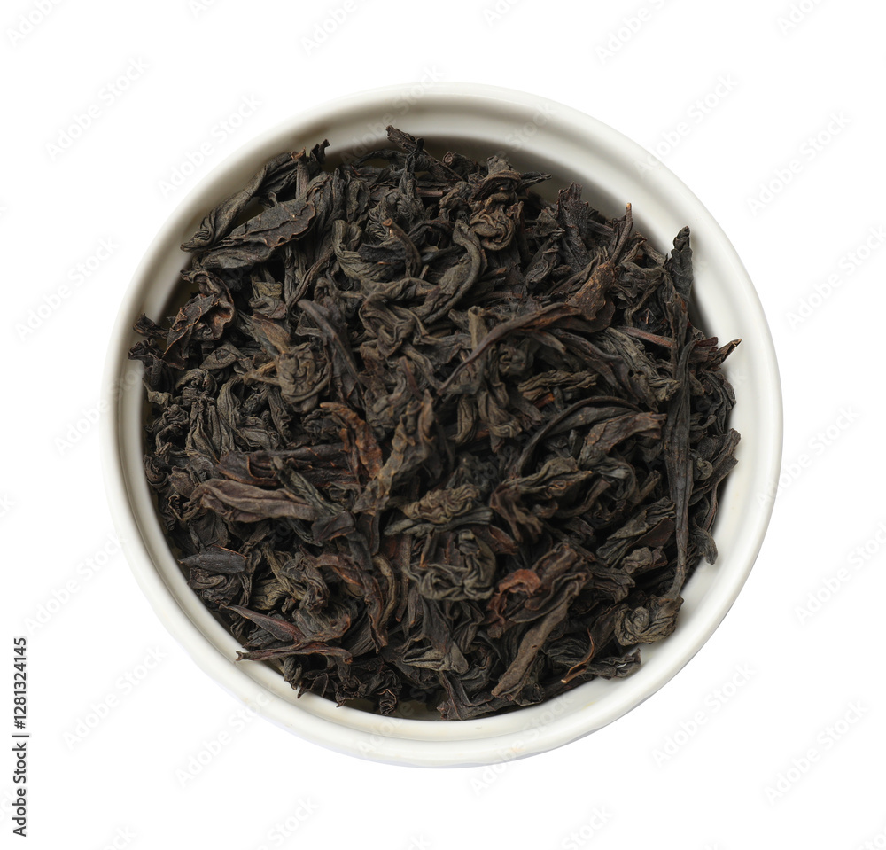 Dry tea leaves in bowl isolated on white, top view Dry tea leaves in bowl isolated on white, top view