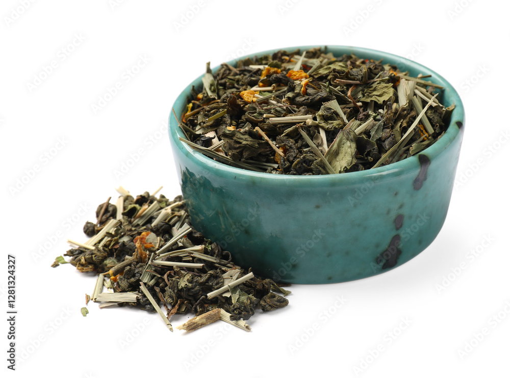 Fototapeta premium Dry tea leaves in bowl isolated on white