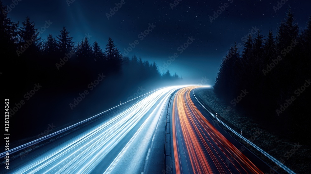 Fototapeta premium Time exposure of a highway at night with light trails and dark forest under a starry sky creating a dynamic scene