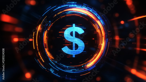 Digital money sign futuristic style with glowing effects and vibrant colors. design features blue dollar symbol surrounded by dynamic orange and blue light trails, creating sense of movement and