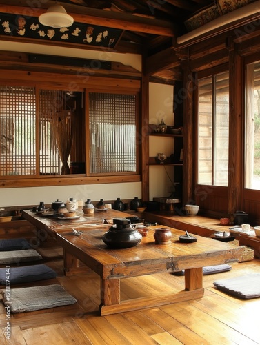 A traditional Korean house with a wood dining room