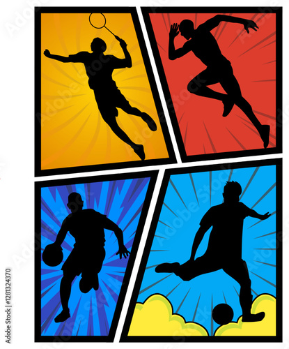 Silhouettes of athletes in various sports
