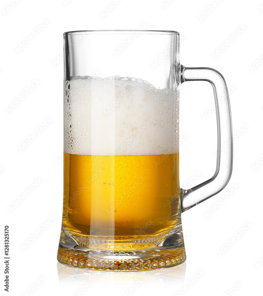 Glass mug of fresh beer with foam isolated on white Glass mug of fresh beer with foam isolated on white