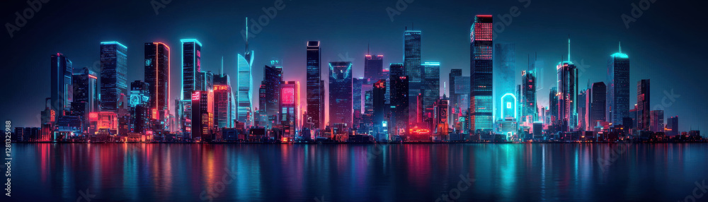 Fototapeta premium Retro Future Cityscape. Vibrant city skyline illuminated at night with reflections on water.