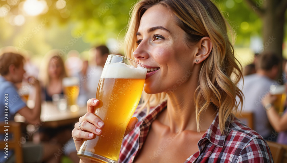 Woman savoring large beer in beer garden during Oktoberfest, celebration Woman savoring large beer in beer garden during Oktoberfest, celebration